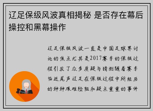 辽足保级风波真相揭秘 是否存在幕后操控和黑幕操作