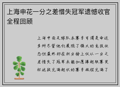 上海申花一分之差惜失冠军遗憾收官全程回顾