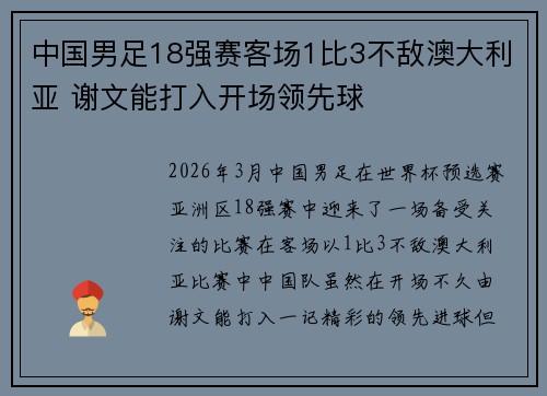 中国男足18强赛客场1比3不敌澳大利亚 谢文能打入开场领先球 中国男足18强赛客场1比3不敌澳大利亚 谢文能打入开场领先球